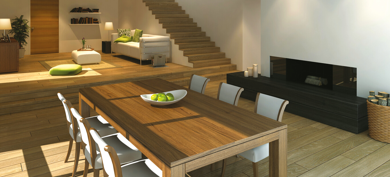 Casa moderna con suelos y mobiliario de madera